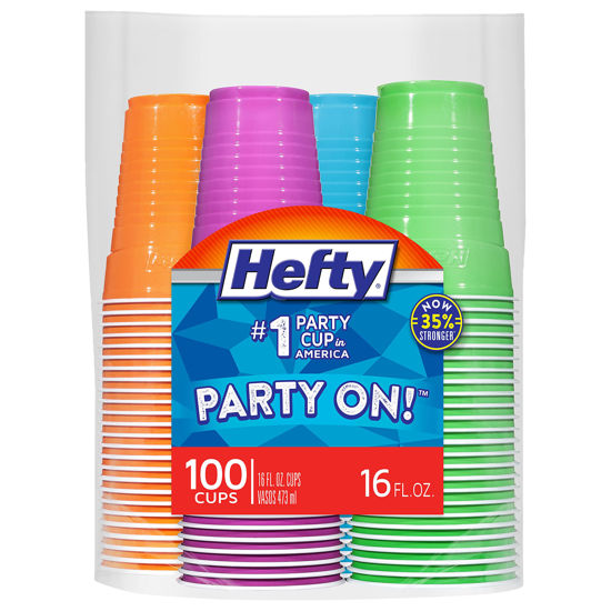 Picture of Hefty Party On Disposable Plastic Cups, Assorted, 16 Ounce, 100 Count