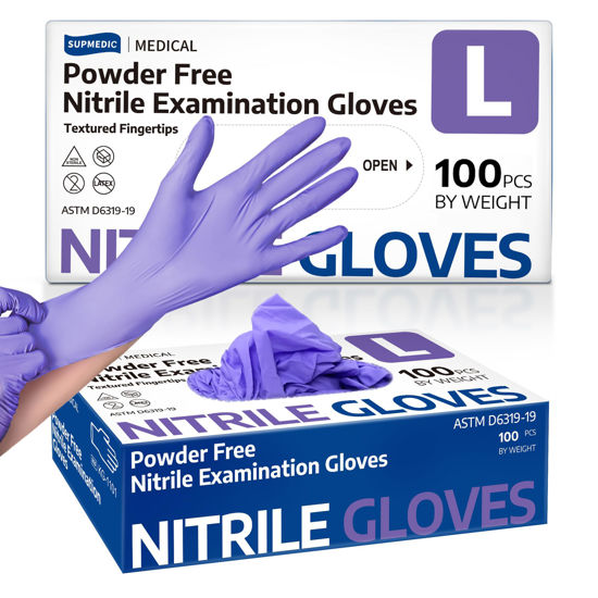 Picture of Supmedic Nitrile Exam Gloves, 3.5 Mil Powder-Free Food Safe Cleaning First Aid Disposable Medical Glove, Purple 100 Pcs (Large)