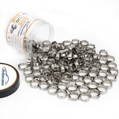 Picture of 120 Pack 1/2 Inch PEX Cinch Clamps Rings, Premium 304 Stainless Steel Cinch Crimp Rings Pinch Clamps, Stepless Single Ear Hose Clamp for PEX Tubing Pipe Fitting Connections By Hydencamm (1/2"x120)