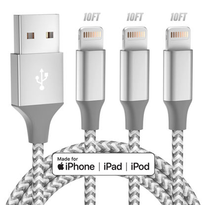 Picture of iPhone Charger 3pack 10FT Apple MFi Certified Long Lightning Cable Fast Charging High Speed Data Sync USB Cable Compatible iPhone 14 13/12/11 Pro Max/XS MAX/XR/XS/X/8/7/Plus/6S (Grey White)