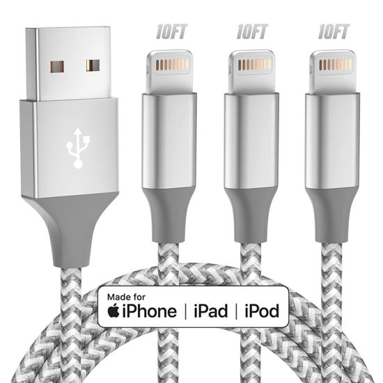 Picture of iPhone Charger 3pack 10FT Apple MFi Certified Long Lightning Cable Fast Charging High Speed Data Sync USB Cable Compatible iPhone 14 13/12/11 Pro Max/XS MAX/XR/XS/X/8/7/Plus/6S (Grey White)