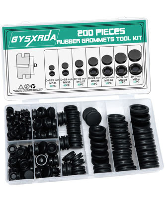 Picture of Gysxrda Rubber Grommet Kit 200 Pack - 7 Sizes Firewall Rubber Hole Plugs Rubber Grommets for Wiring, Automotive, Home Improvement Cord Pipe Wire Organization (7/25, 3/8, 1/2, 5/8, 3/4, 7/8, 1 inch)