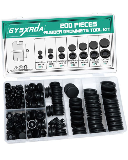Picture of Gysxrda Rubber Grommet Kit 200 Pack - 7 Sizes Firewall Rubber Hole Plugs Rubber Grommets for Wiring, Automotive, Home Improvement Cord Pipe Wire Organization (7/25, 3/8, 1/2, 5/8, 3/4, 7/8, 1 inch)