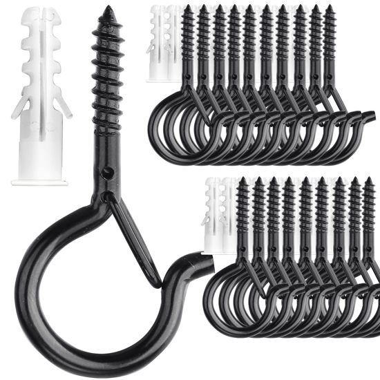 Picture of PlusRoc 20 Pack Screw Hooks for Outdoor String Lights, Heavy Duty 2.2 Inch Black Eye Hook Cup Hook Q-Hanger for Hanging, Wall Wood Ceiling Deck Mount