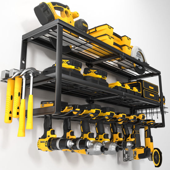 Picture of YYR Heavy Duty Power Tool Organizer Wall Mount, Cordless Drill Hanger Storage Rack, Battery Tools Holder with Charging Station Shelf for Garage Organization, Workshop, Pegboard, Shed - 32 Inch 8 Slots