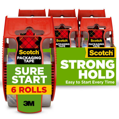 Picture of Scotch Sure Start Packing Tape, Clear, Quiet Unwind and Easy Start, 1.88 in. x 22.2 yd., 6 Tape Rolls with Dispensers
