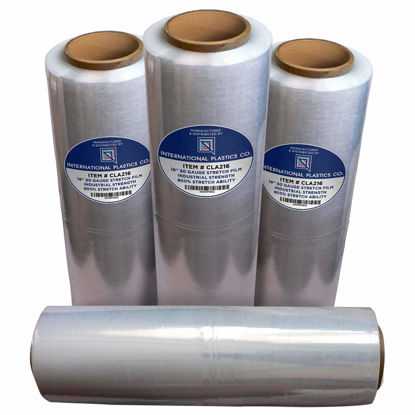 Picture of International Plastics Co. 18" Stretch Film/Wrap 1500 feet 7 Layers 80 Gauge Industrial Strength up to 800% Stretch 20 Microns Clear Durable Adhering Packing Moving Heavy Duty Shrink Film Box of 4