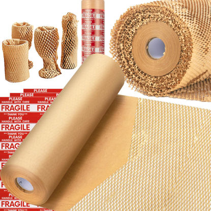 Picture of Honeycomb Packing Paper, MINHAO 15"x230' Eco Friendly Packing Paper for Moving Recyclable Honeycomb Paper Moving Supplies Bubble Paper Wrapping Protective Roll, With 36 Fragile Sticker Labels