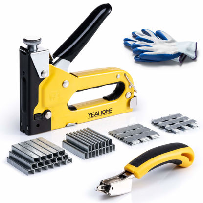 Picture of Upholstery 4 in 1 Staple Gun Heavy Duty, with 6000 Staples, Remover, Gloves, Manual Brad Nailer Power Adjustment Stapler Gun for Wood, Upholstery, Carpentry, Decoration DIY Staple Gun