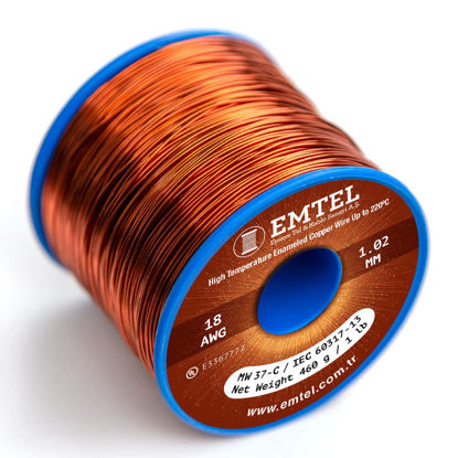 Picture of Emtel 18 AWG - 1 lb (202 feet) 99.9% Pure Copper Wire, Enameled Magnetic Wire for Motor, Transformer, Magnetic Coil, & Electroculture Gardening, Winding Magnet Wire - 220°C (428°F) Thermal Class