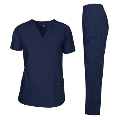 Picture of Dagacci Medical Uniform Womens and Mens Scrub Set Unisex Medical Scrub Shirt Top and Pant, Navy, Medium