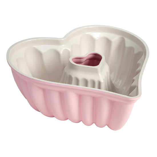 Picture of Paris Hilton Heart Shaped Fluted Cake Pan, Cast Aluminum with Clean Ceramic Nonstick Bakeware, Dishwasher Safe, Made without PFAS, PFOA, PFOS & PFTE, 9-Inch, Pink