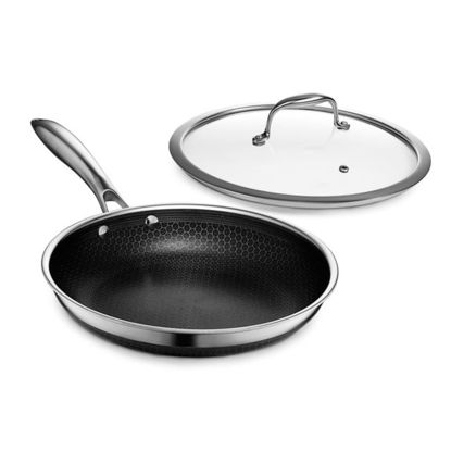 Picture of HexClad Hybrid Nonstick 10-Inch Fry Pan with Tempered Glass Lid, Stay-Cool Handle, Dishwasher and Oven Safe, Induction Ready, Compatible with All Cooktops