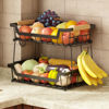 Picture of GILLAS 2 Tier Countertop Fruit Basket with 2 Banana Hangers for Kitchen, Detachable Metal Organizer for Bread Vegetable Fruits with Wooden Handle, Large Capacity Rectangular Storage Stand Bowls, Black