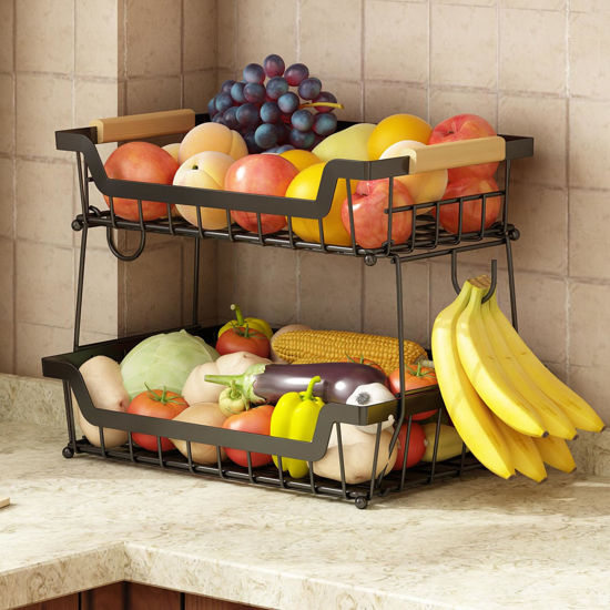 Picture of GILLAS 2 Tier Countertop Fruit Basket with 2 Banana Hangers for Kitchen, Detachable Metal Organizer for Bread Vegetable Fruits with Wooden Handle, Large Capacity Rectangular Storage Stand Bowls, Black