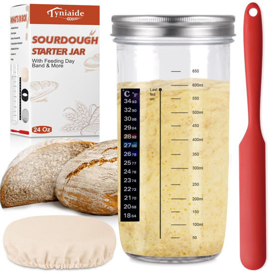 Picture of Sourdough Starter Jar Kit, 650ml Sourdough Starter Jar With Thermometer, Silicone Scraper, Cloth Cover And Aluminum Lid. Reusable Sour Dough Starter Jar