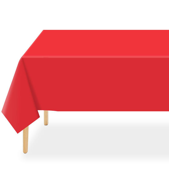 Picture of QIKSION 2 Pack Red Plastic Tablecloth Disposable Table Covers Ruby Shine Red Table Cloths for Parties Bridal Shower Birthday Engagement Wedding, Fits 6 to 8 Foot Rectangle Tables (54 × 108 Inch)