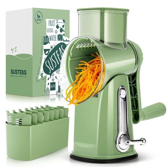 Picture of SUSTEAS Rotary Cheese Grater with Handle - Vegetable Shredder with 5 Well-designed Blades & Strong Suction Base,Round Mandoline Slicer & Food Chopper for Kitchen,with Blade Storage Box(Retro Green)