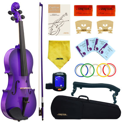 Picture of Crafteem 4/4 Full Size Fiddle Purple Colored Premium Violin Outfit for Beginners Adults Kids With 5 Color Fingering Tape- Handcrafted Student Beginner Violin. (Purple, 4/4 Full)