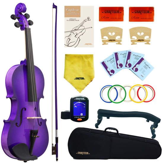 Picture of Crafteem 4/4 Full Size Fiddle Purple Colored Premium Violin Outfit for Beginners Adults Kids With 5 Color Fingering Tape- Handcrafted Student Beginner Violin. (Purple, 4/4 Full)