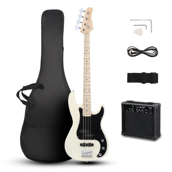 Picture of Ktaxon 4 String Bass Guitar, Bass Kit Full Size Guitar Starter Kit with 20W AMP, Portable Gip Bag, Premium Cable, Adjustable Guitar Strap, Picks and Wrench, Gift For Music Lover(Bass Set-White)
