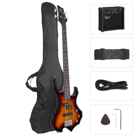 Picture of GLARRY Electric Bass Guitar 4 Strings Buring Fire Style Single Coil - Split Single Coil Pickups for Beginner Adults Right Hand w/ 20W Amp, Bag, Strap and Cord (Sunset)