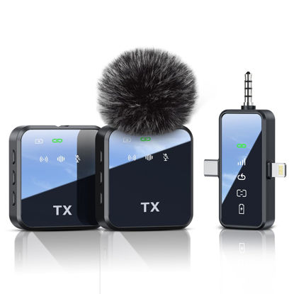 Picture of PQRQP 3 in 1 Microphone for iPhone/Android/Camera, Wireless Lavalier Microphone, 328ft Transmission, 18H Battery Life, Mini Microphone for Record Interview, Vlogs, YouTube, Tiktok