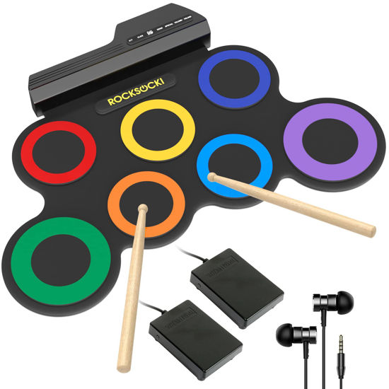 Picture of ROCKSOCKI Electric Drum Set, 7-Pad Kids Electronic Drum Set with Headphone Included, Roll-up Drum Practice Pad, Great Holiday Xmas Birthday Gift for Kids