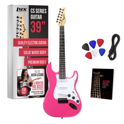 Picture of LyxPro CS 39” Electric Guitar Kit for Beginner, Intermediate & Pro Players with Guitar, Amp Cable, 6 Picks & Learner’s Guide | Solid Wood Body, Volume/Tone Controls, 5-Way Pickup - Pink