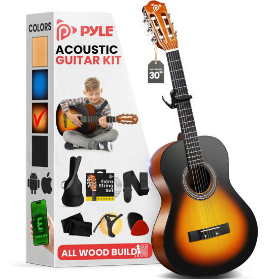 Picture of Pyle Beginner Acoustic Guitar Kit, 1/4 Junior Size All Wood Build Nylon Stringed Instrument with Capo, Strap, Extra String Set, Gig Bag, Guitars for Beginners Adults Youth, 30" Sunburst Teardrop Gloss
