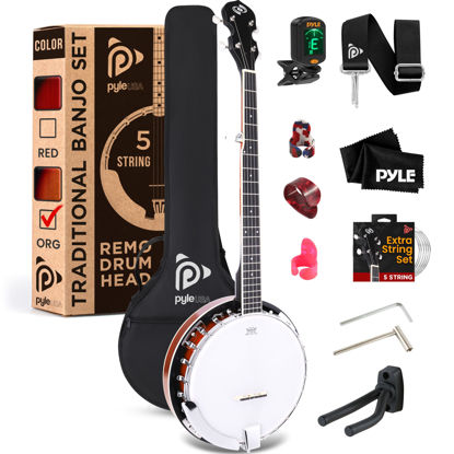 Picture of Pyle Banjo Kit with Remo Head and Sapele Resonator, 39" Full Size Traditional Open or Closed Back 5 String Instrument with 24 Brackets, Geared 5th Tuner, Premium Accessory Kit (Sun Burst)