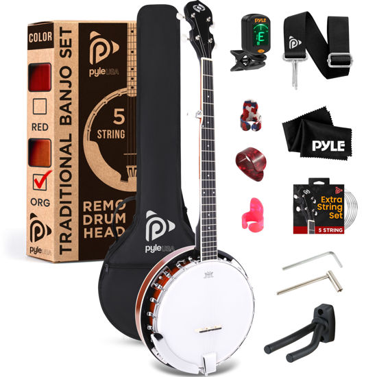 Picture of Pyle Banjo Kit with Remo Head and Sapele Resonator, 39" Full Size Traditional Open or Closed Back 5 String Instrument with 24 Brackets, Geared 5th Tuner, Premium Accessory Kit (Sun Burst)