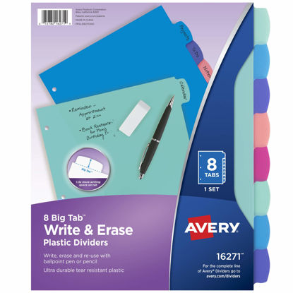 Picture of Avery Durable Plastic 8-Tab Write & Erase Big Tab Dividers for 3 Ring Binders, Pastel Brights (16271)