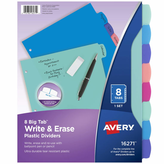 Picture of Avery Durable Plastic 8-Tab Write & Erase Big Tab Dividers for 3 Ring Binders, Pastel Brights (16271)