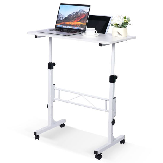 Picture of KLSMYHOKI Standing Desk Adjustable Height, Mobile Stand Up Desk with Wheels Small Computer Desk Rolling Desk, Portable Laptop Desk White Standing Table Home Office Desks 16"x31.5" Height 27"-43.5"