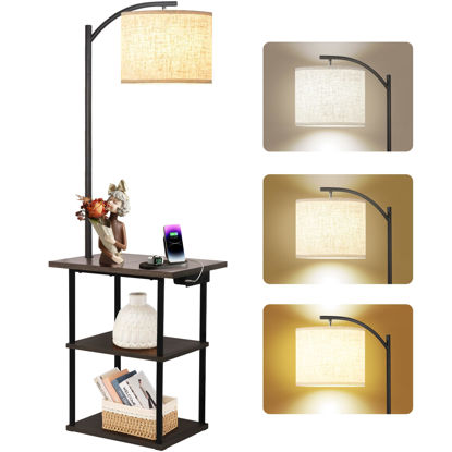 Picture of PESRAE Floor Lamp with Table, End Table with Charging Station(USB & Type-C & AC Port), 3 Color Temperatures 9W LED Bulb, Modern Shelves Side Table for Bedroom, Living Room