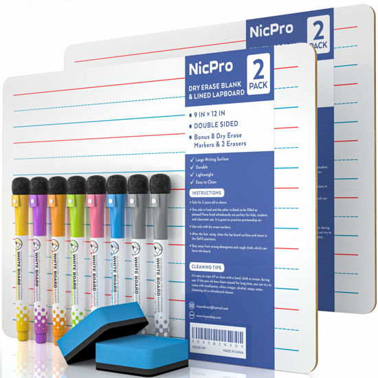 Picture of Nicpro Dry Erase Lap Board 9 x 12 inches 2 Pack Ruled Kid Double Sided Blank & Lined Small Lapboard with 8 Pens, 2 Eraser, Learning Mini Whiteboard Portable for Student and Classroom Use