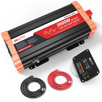Picture of BELTTT 3000W Pure Sine Wave Inverter 12V DC to 120V AC for RV, Truck, Off-Grid, Home, Solar Car Power Inverter with Dual AC, 20A Socket, 5V 2.1A USB, Hardwire Port, Remote Controller 23Ft Cable