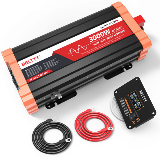 Picture of BELTTT 3000W Pure Sine Wave Inverter 12V DC to 120V AC for RV, Truck, Off-Grid, Home, Solar Car Power Inverter with Dual AC, 20A Socket, 5V 2.1A USB, Hardwire Port, Remote Controller 23Ft Cable
