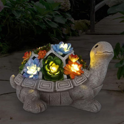 Picture of Nacome Solar Garden Outdoor Statues Turtle with Succulent and 7 LED Lights - Lawn Decor Tortoise Statue for Patio, Balcony, Yard Ornament - Unique Housewarming Gifts