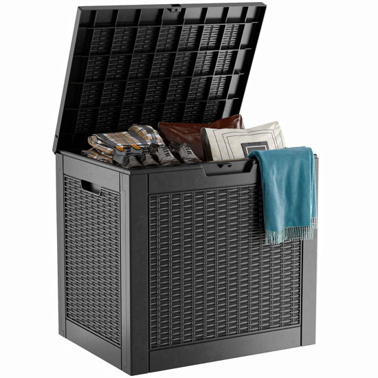 Picture of Vixzen 31 Gallon Resin Deck Box, Lockable Outdoor Storage Box for Patio Cushions Storage Furniture,Garden Tools, Pool Supplies, Weatherproof and UV Resistant- Black