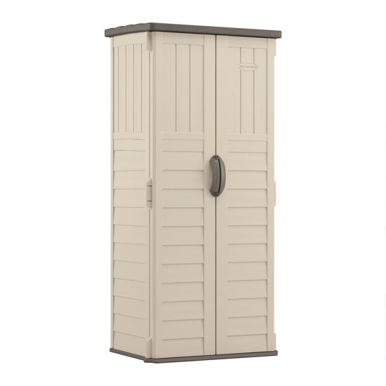 Picture of Suncast Vertical Outdoor Storage Shed with Reinforced Floor, Lockable Double Doors, All-Weather Construction, and Multi-Wall Panels, Vanilla