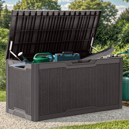 Picture of YITAHOME 100 Gallon Large Resin Deck Box Outdoor Storage Boxes for Patio Furniture, Outdoor Cushions, Garden Tools and Pool Supplies-Waterproof,Lockable (Dark Brown)