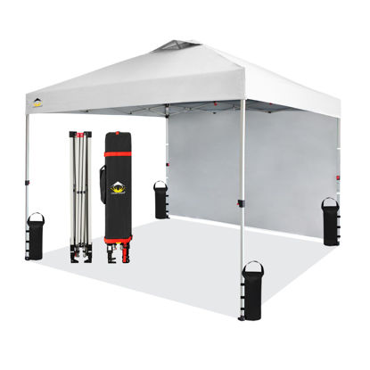 Picture of CROWN SHADES 10x10 Pop Up Canopy with 1 Side Wall - Beach Tent with One Push Setup - Outdoor Sun Shade for Events, Parties, Camping - Gazebo with STO-N-Go Cover Bag (White)