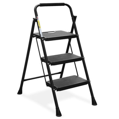 Picture of HBTower Step Ladder, Folding Step Stool with Wide Anti-Slip Pedal, Sturdy Steel Ladder, Convenient Handrail, Lightweight, Portable Steel Step Stool