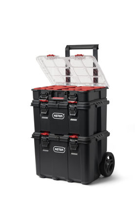 Picture of Keter Stack-n-Roll Modular Tools Organizer for Garage Storage and DIY, 3 Piece Resin Rolling Tool Box System for Small Parts, Black