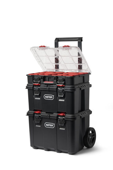 Picture of Keter Stack-n-Roll Modular Tools Organizer for Garage Storage and DIY, 3 Piece Resin Rolling Tool Box System for Small Parts, Black