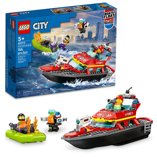 Picture of LEGO City Fire Rescue Boat 60373, Toy Floats on Water, with Jetpack, Dinghy and 3 Minifigures, Everyday Hero Toys for Kids, Boys and Girls Ages 5+