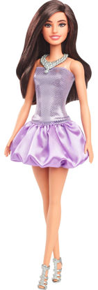 Picture of Barbie Fashionistas Doll #234 with Brown Hair, Wearing Sequined Purple Bubble Dress with Satiny Skirt, Silvery Necklace and Heels