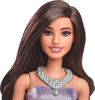 Picture of Barbie Fashionistas Doll #234 with Brown Hair, Wearing Sequined Purple Bubble Dress with Satiny Skirt, Silvery Necklace and Heels